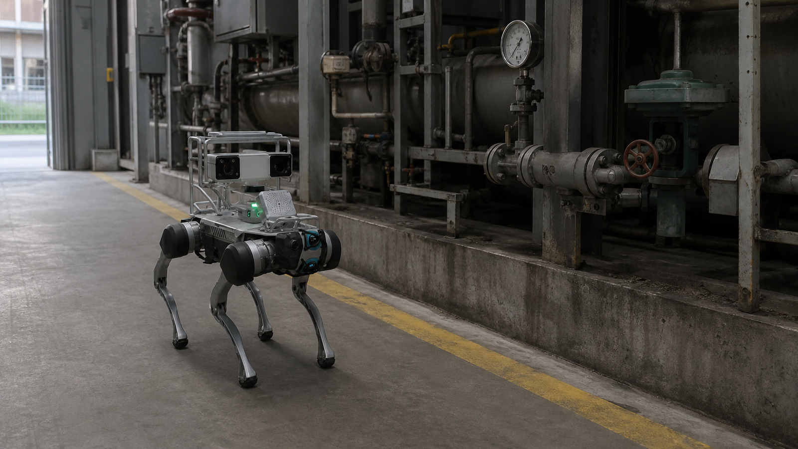 DEEP Robotics X30 inspection robot approaches a gauge and valve at a defined autonomous inspection read point.