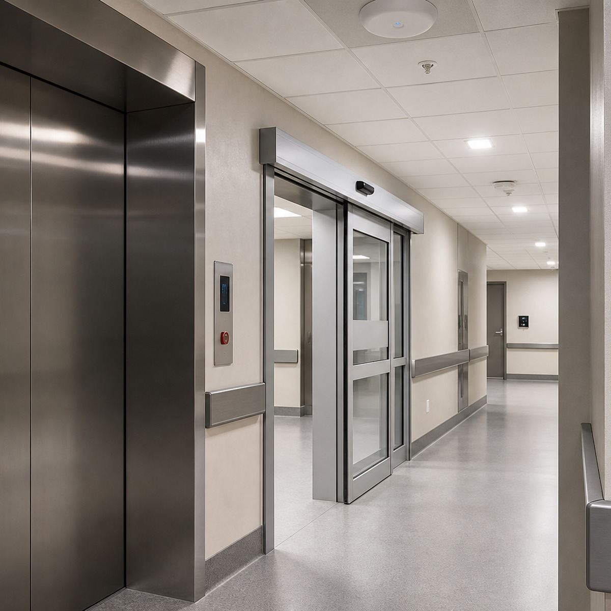 Hospital corridor showing an elevator, automatic door, access-control reader and Wi-Fi infrastructure for AMR integration.