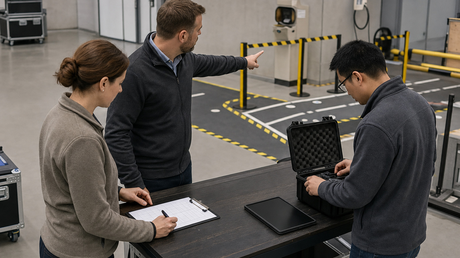 Partner and customer team verify test-route responsibilities and equipment during a robotics proof of concept.