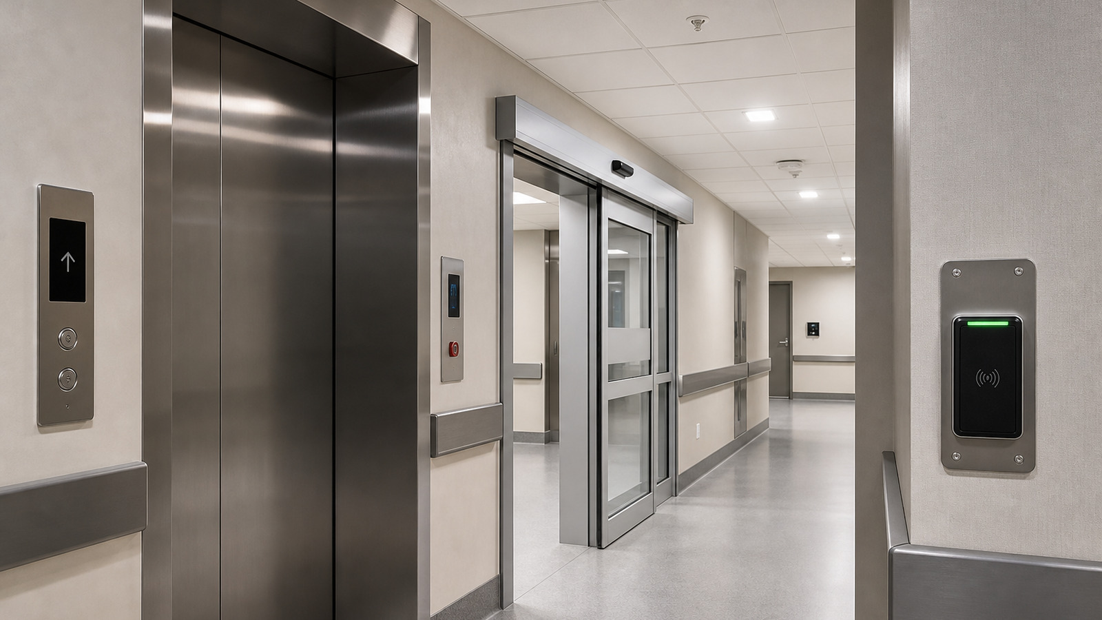 Hospital corridor showing an elevator, automatic door, access-control reader and Wi-Fi infrastructure for AMR integration.