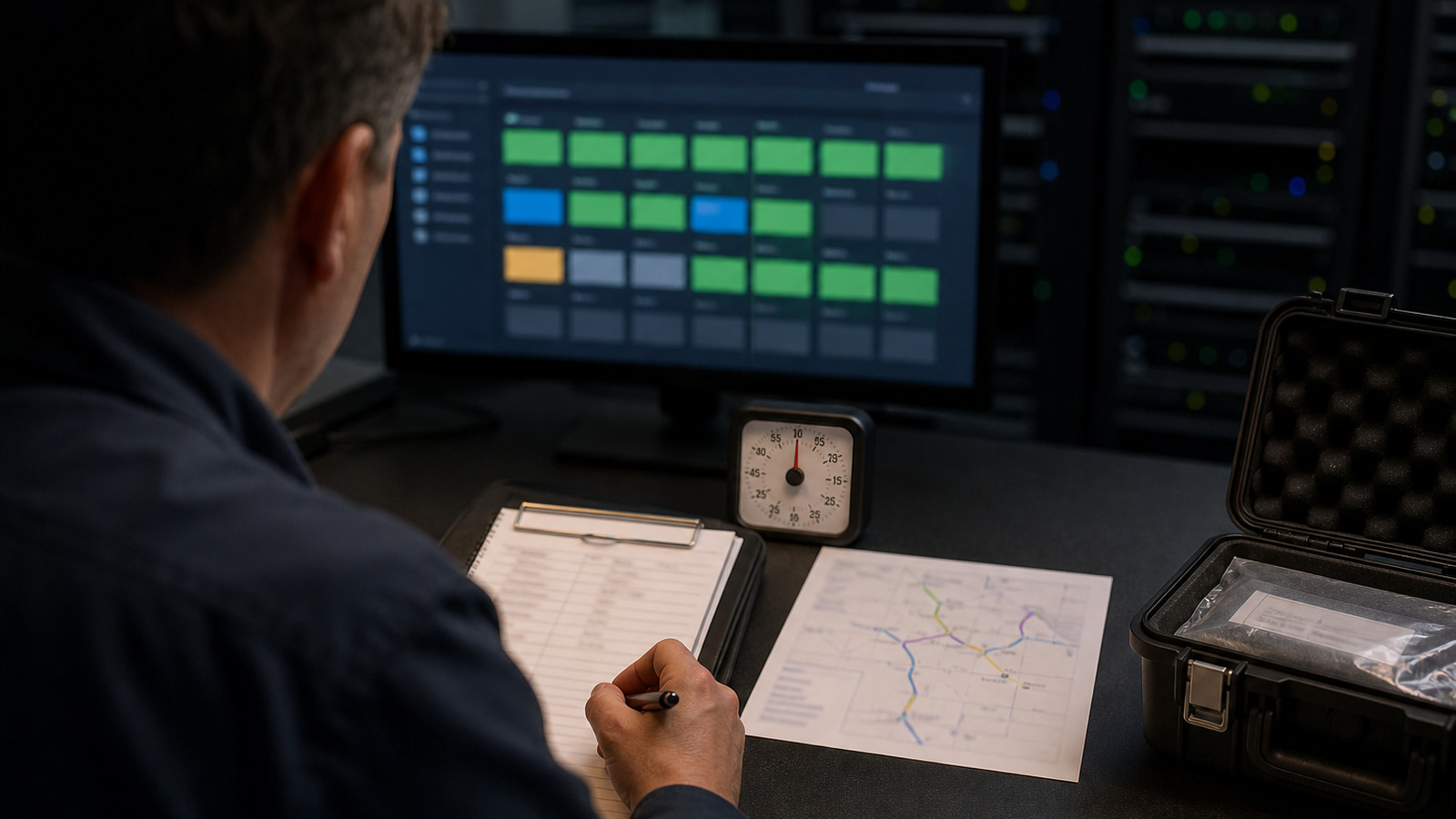 Service coordinator reviews a robot SLA incident log, route evidence and restoration status at an operations desk.