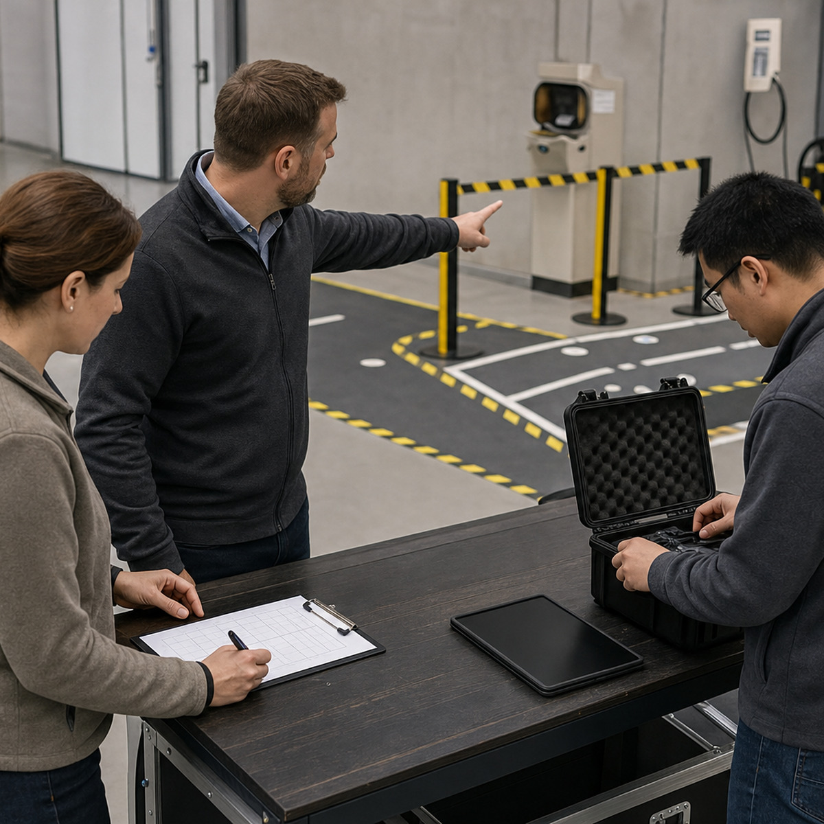 Partner and customer team verify test-route responsibilities and equipment during a robotics proof of concept.