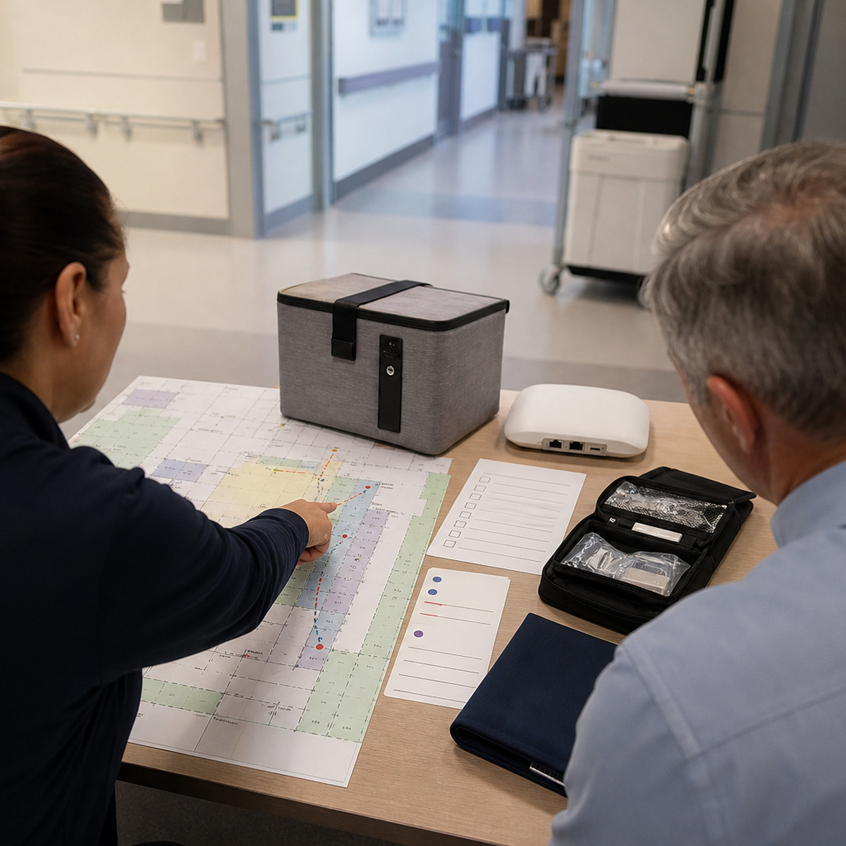 Hospital operations and facilities staff review route, integration and secured handoff requirements for delivery robot TCO.
