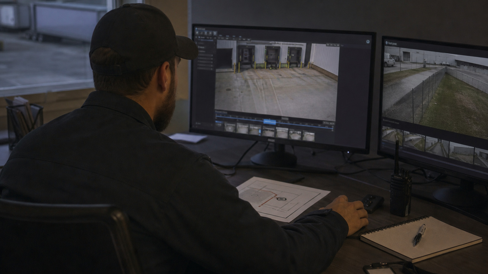 Factory security operator reviews loading-dock camera footage and patrol route evidence before escalation.