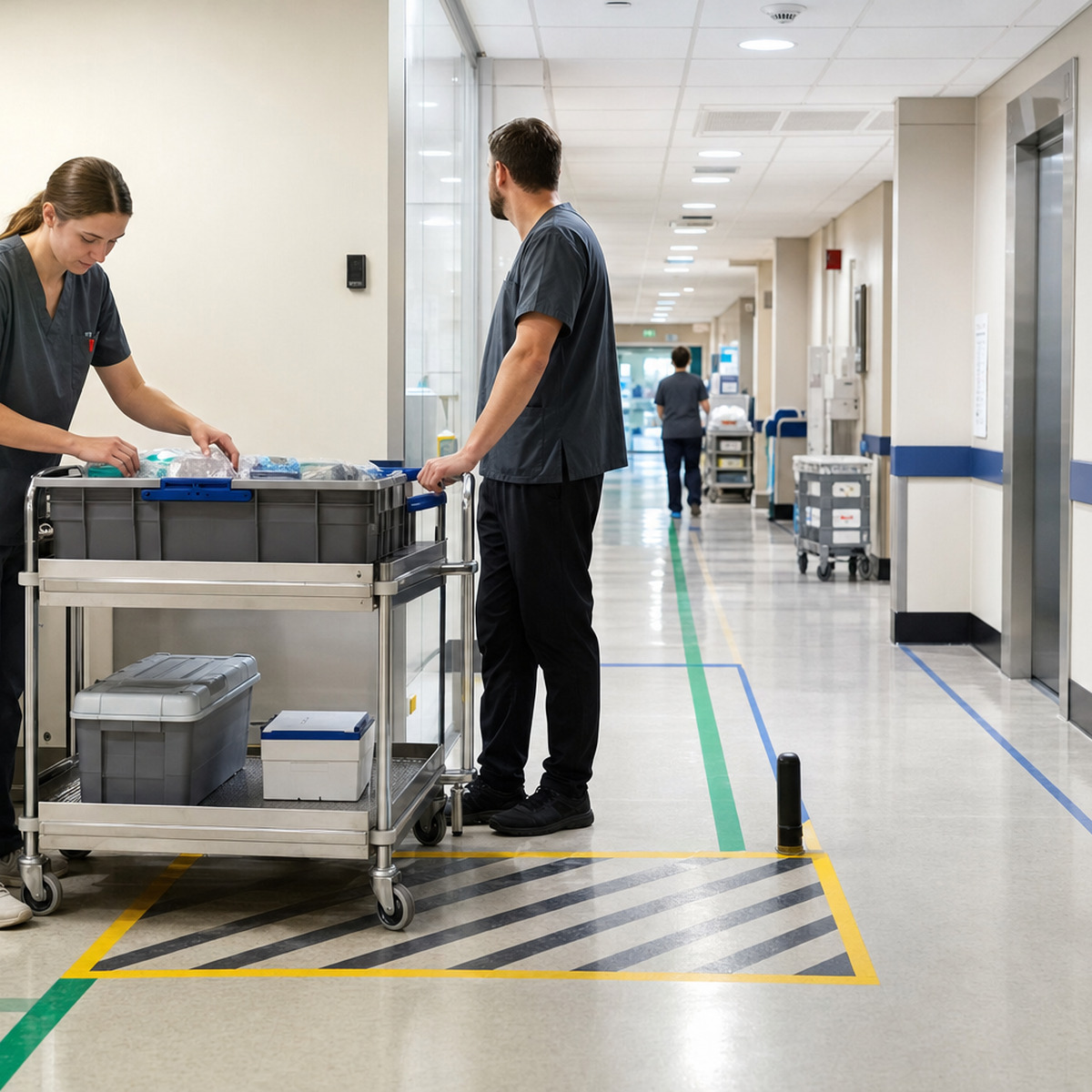 Hospital logistics staff prepare a secured supply cart beside an elevator route during an AMR workflow assessment.
