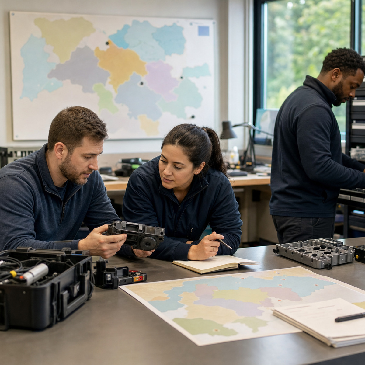 Local robotics service team evaluates coverage planning, spare parts and diagnostic equipment in a workshop.