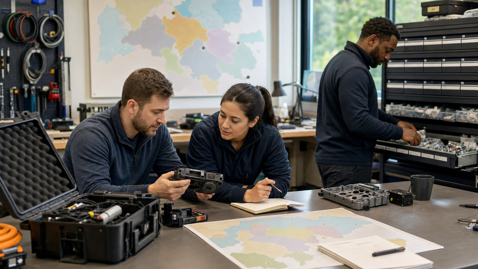 Local robotics service team evaluates coverage planning, spare parts and diagnostic equipment in a workshop.