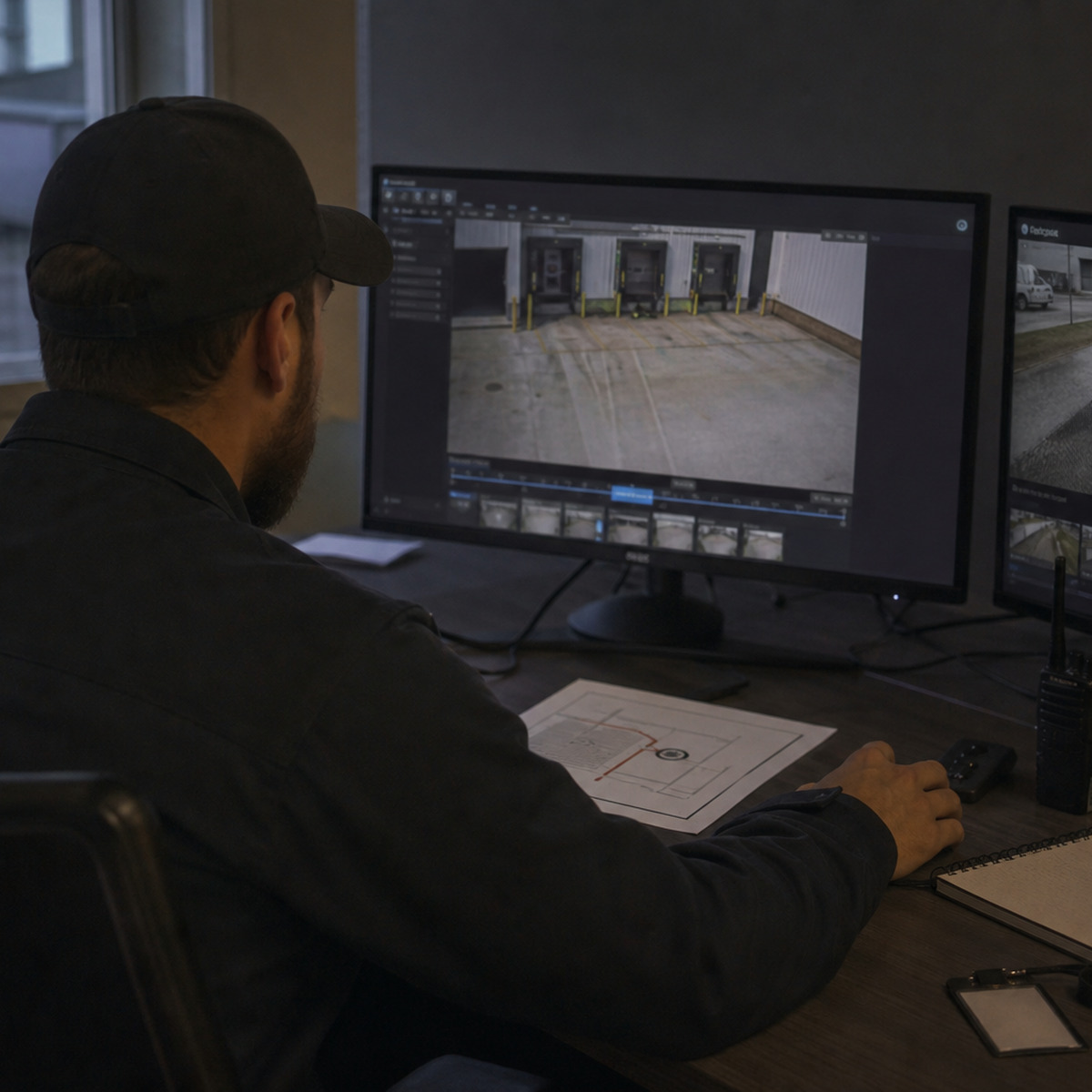 Factory security operator reviews loading-dock camera footage and patrol route evidence before escalation.
