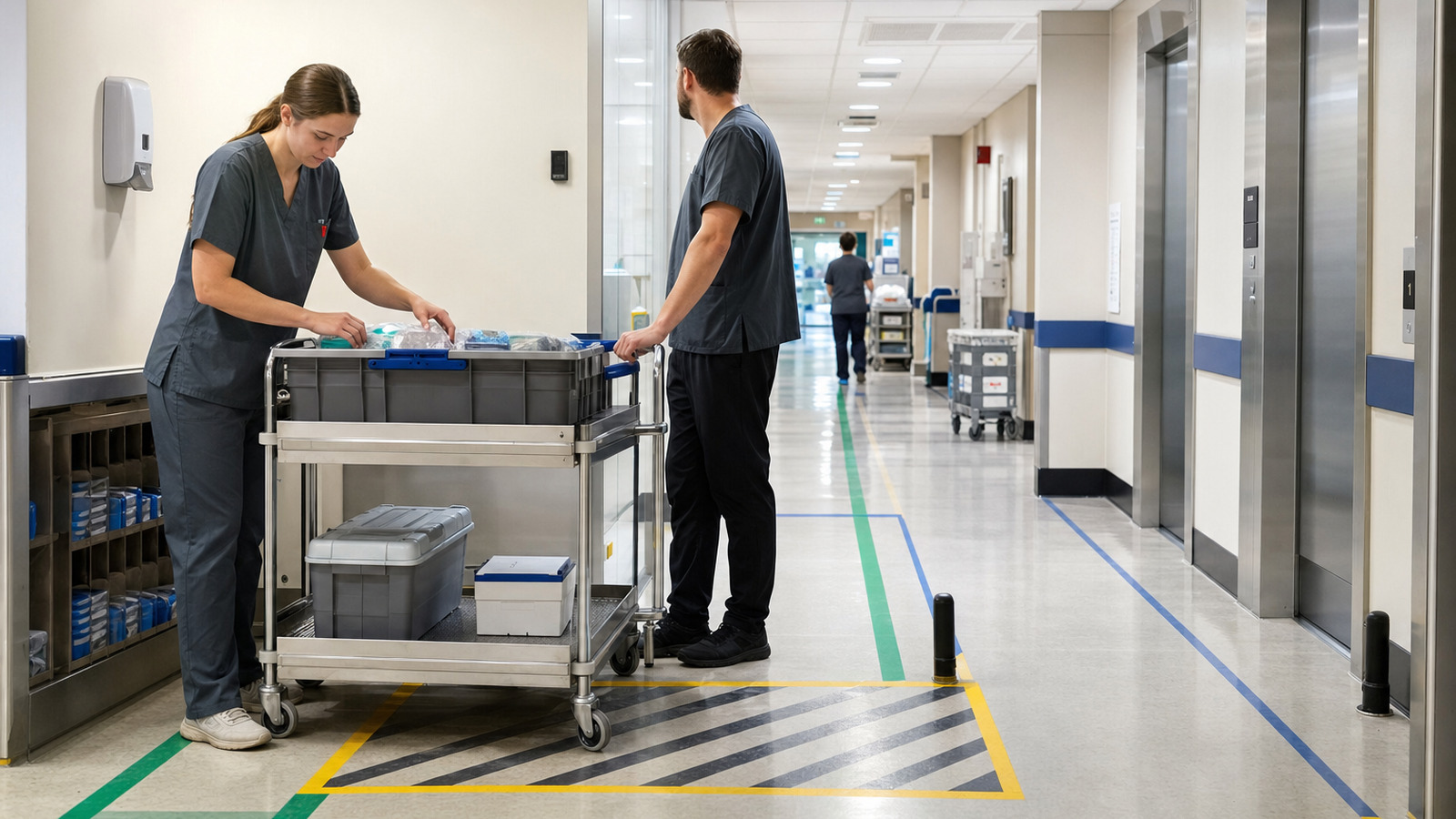 Hospital logistics staff prepare a secured supply cart beside an elevator route during an AMR workflow assessment.