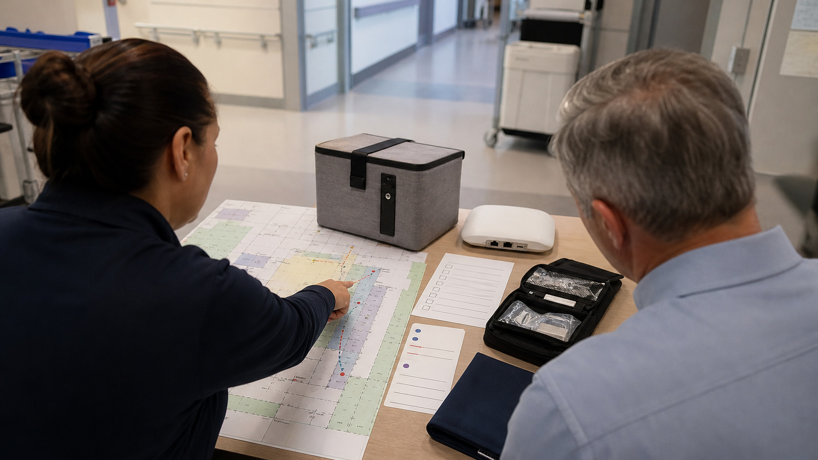 Hospital operations and facilities staff review route, integration and secured handoff requirements for delivery robot TCO.