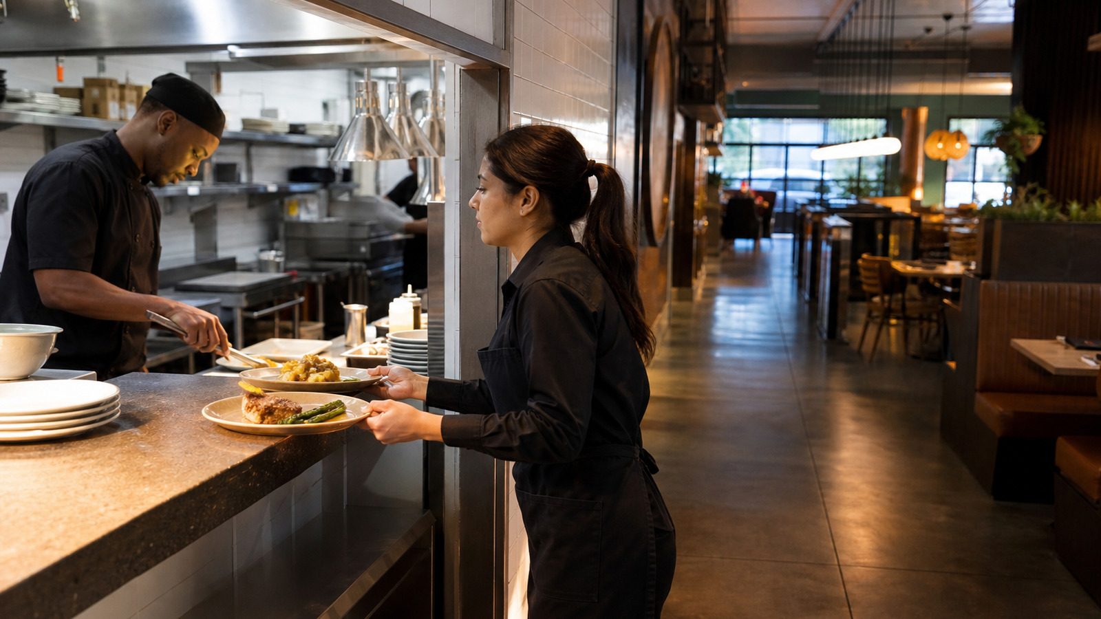 Restaurant server receives plated meals at a kitchen handoff along a clear kitchen-to-table service route.