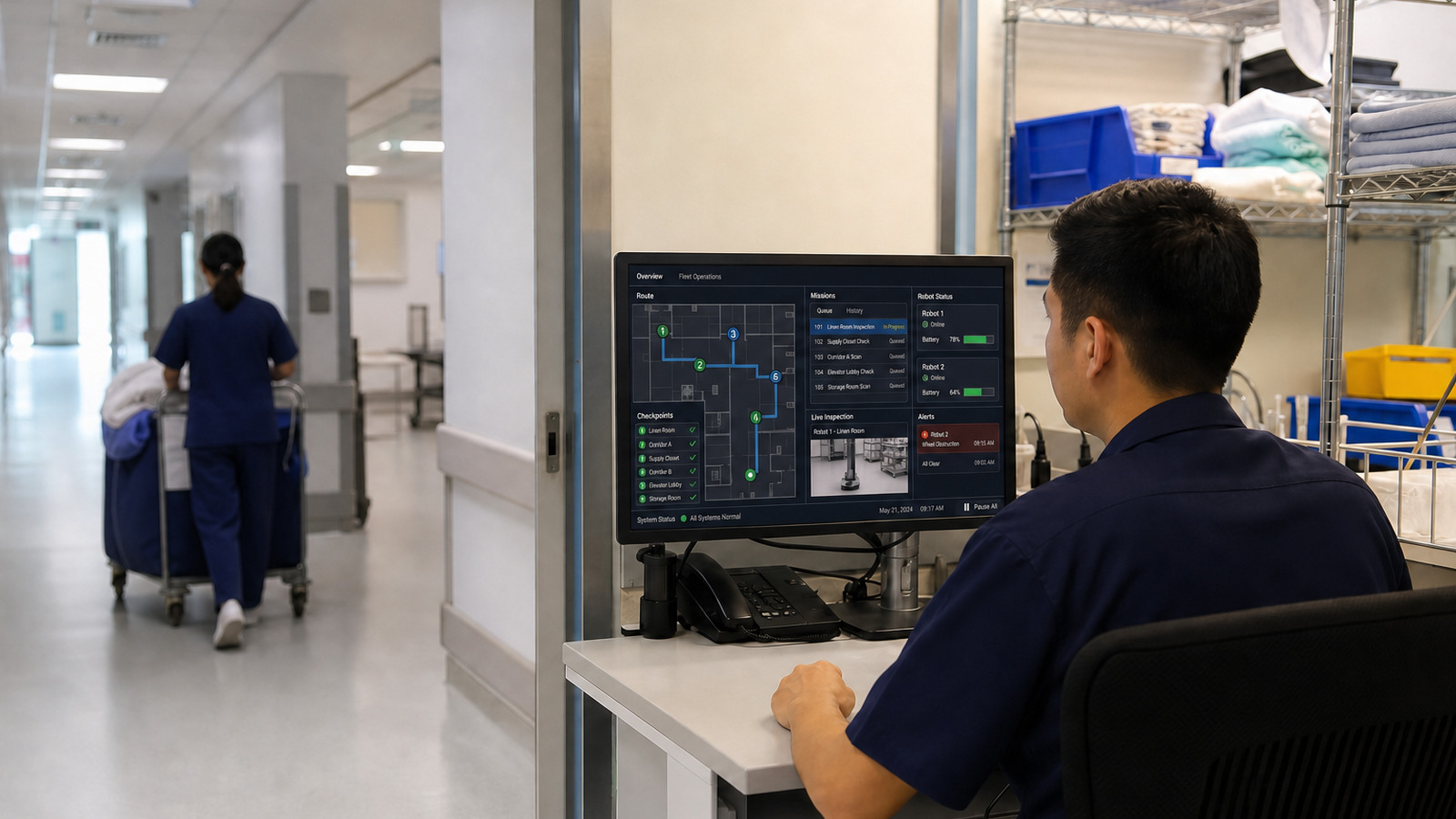 Hospital logistics coordinator reviews AMR mission routes and an exception while staff move linen through a service corridor.