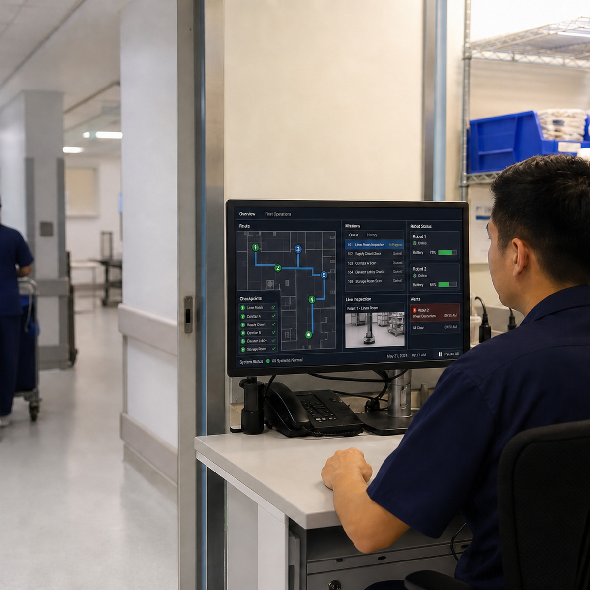 Hospital logistics coordinator reviews AMR mission routes and an exception while staff move linen through a service corridor.