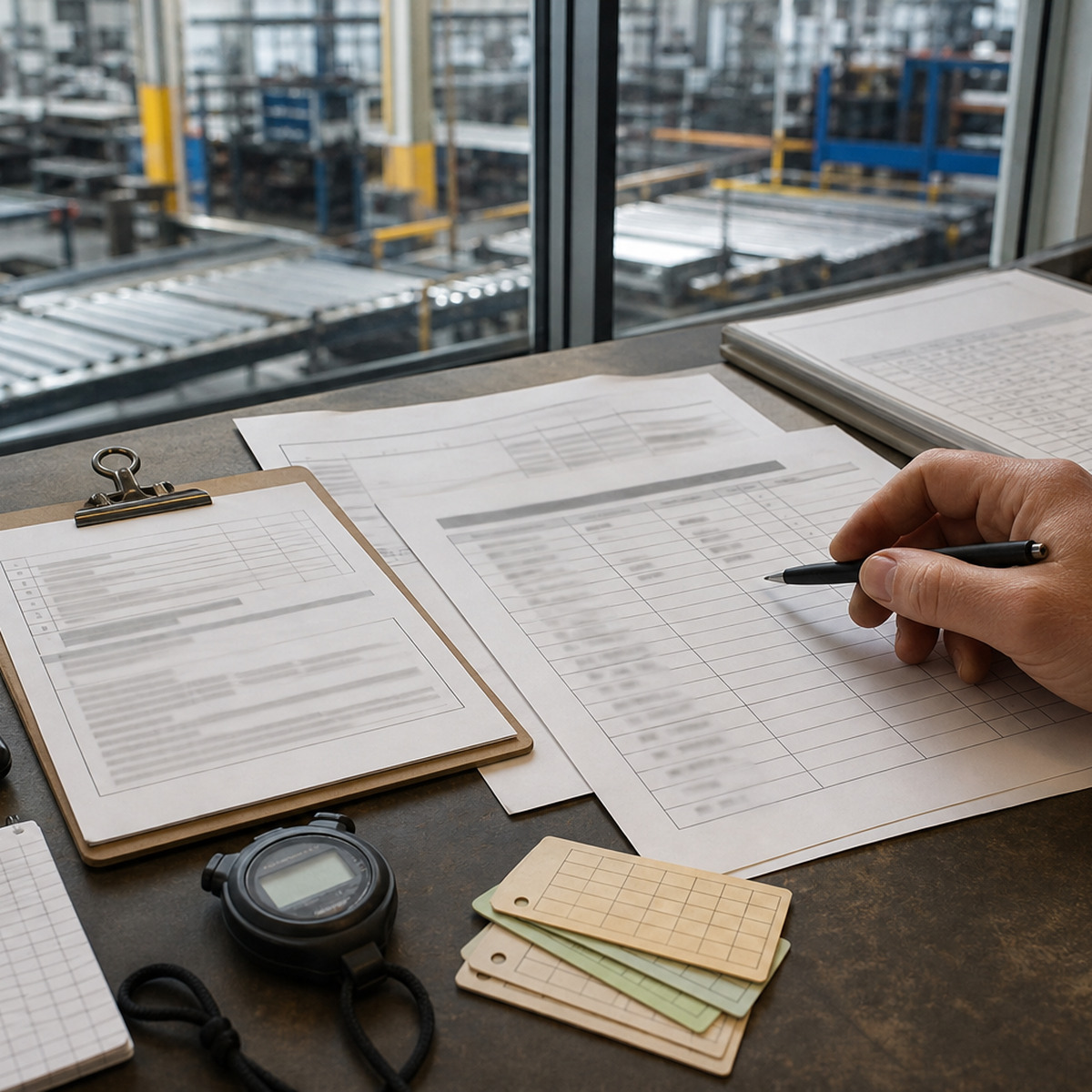 Analyst reviews baseline worksheets, shift evidence and sensitivity assumptions for a practical robot ROI model.