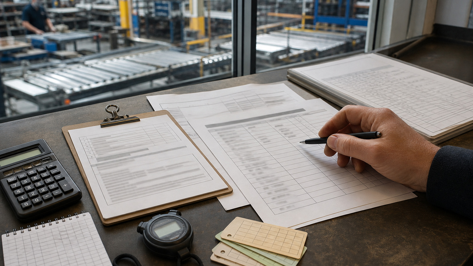Analyst reviews baseline worksheets, shift evidence and sensitivity assumptions for a practical robot ROI model.