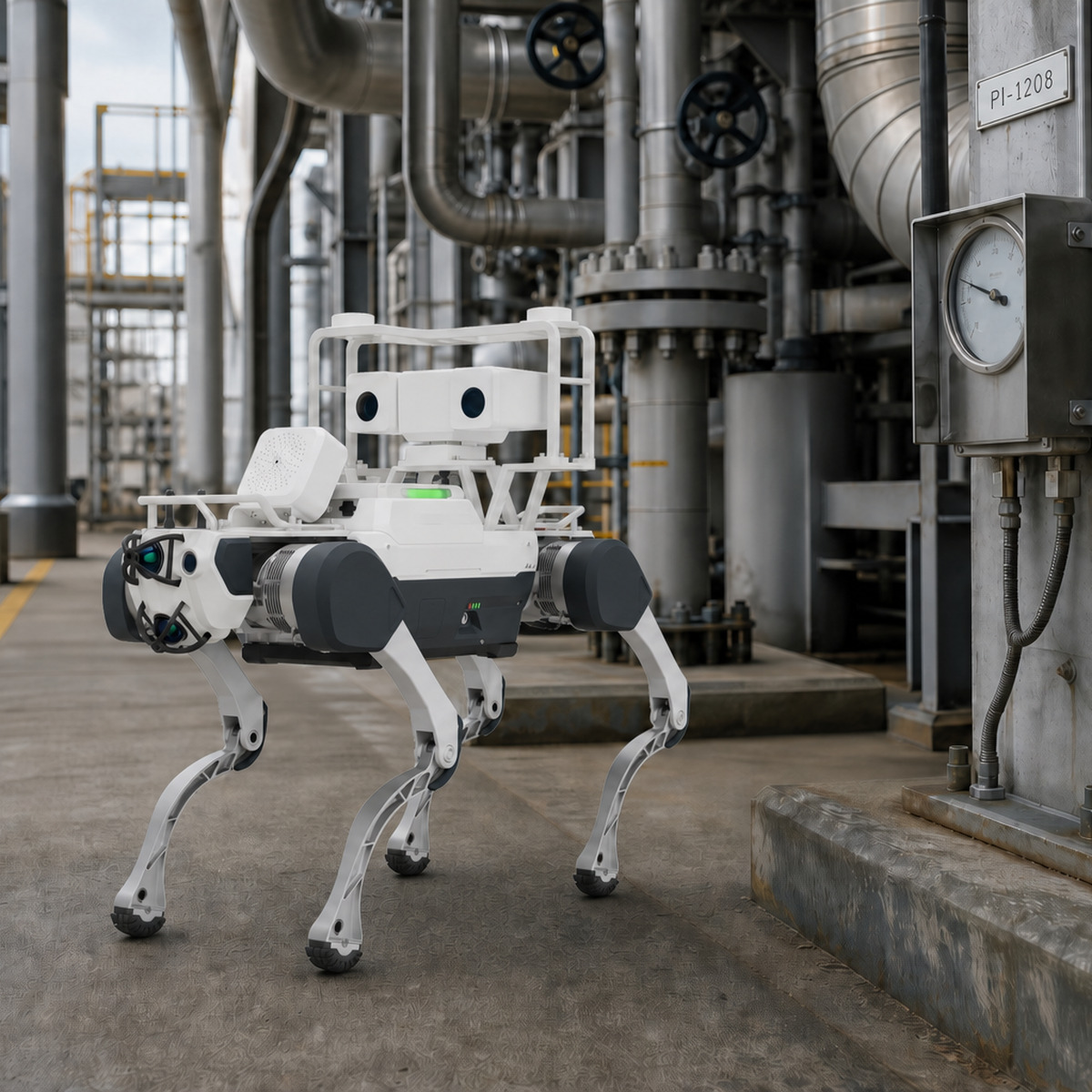 DEEP Robotics X30 industrial inspection robot approaching a gauge on a power-facility inspection route.