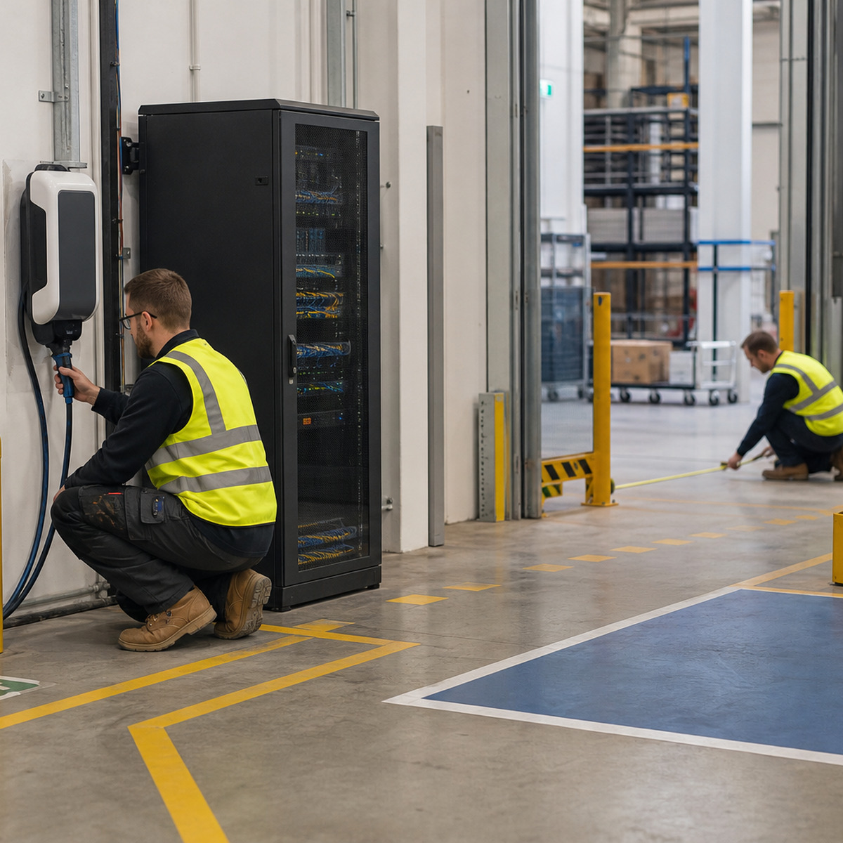 Commissioning team checks charging, network and recovery-space readiness in a warehouse deployment area.