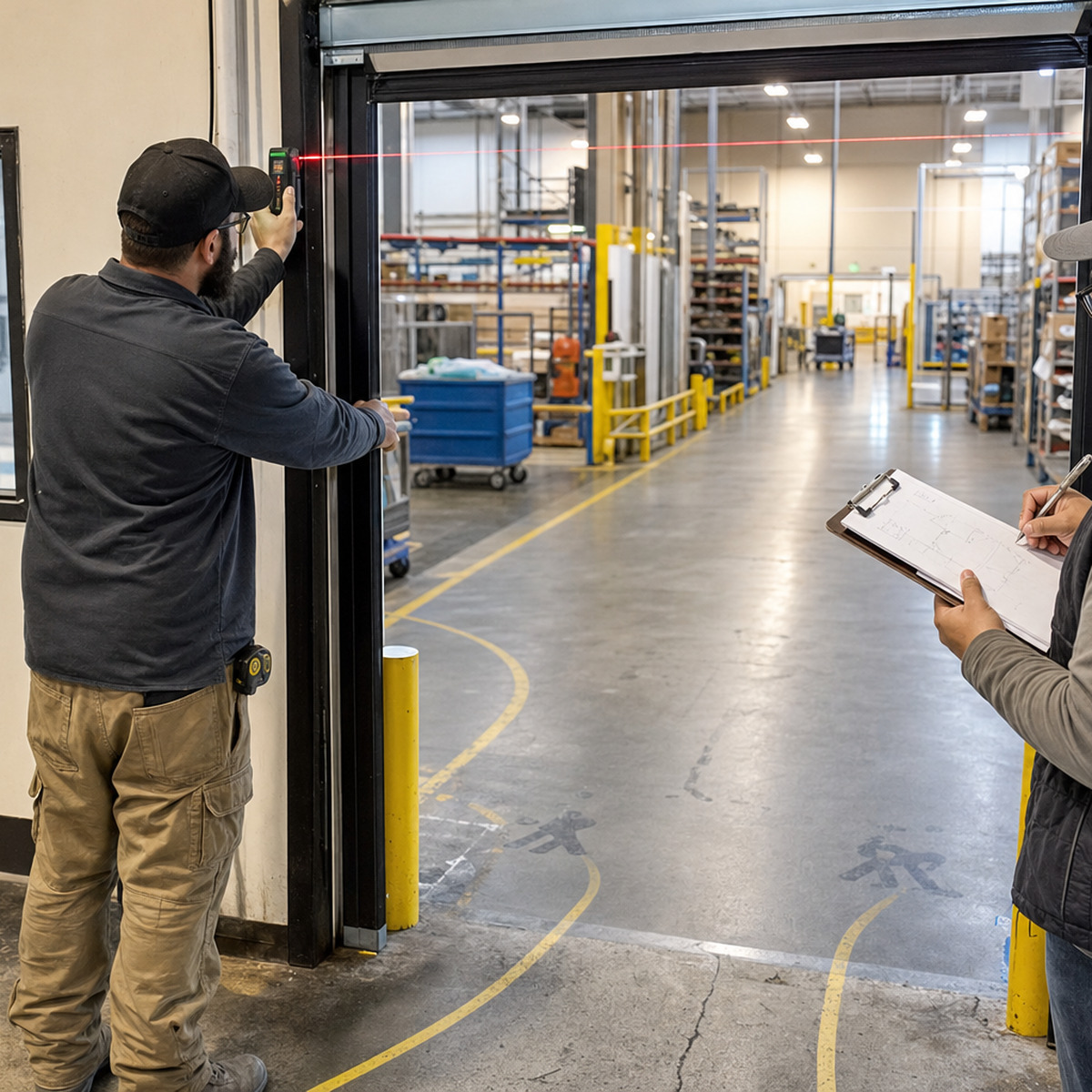 Facility team measures doorway clearance and records route constraints during a robotics workflow assessment.