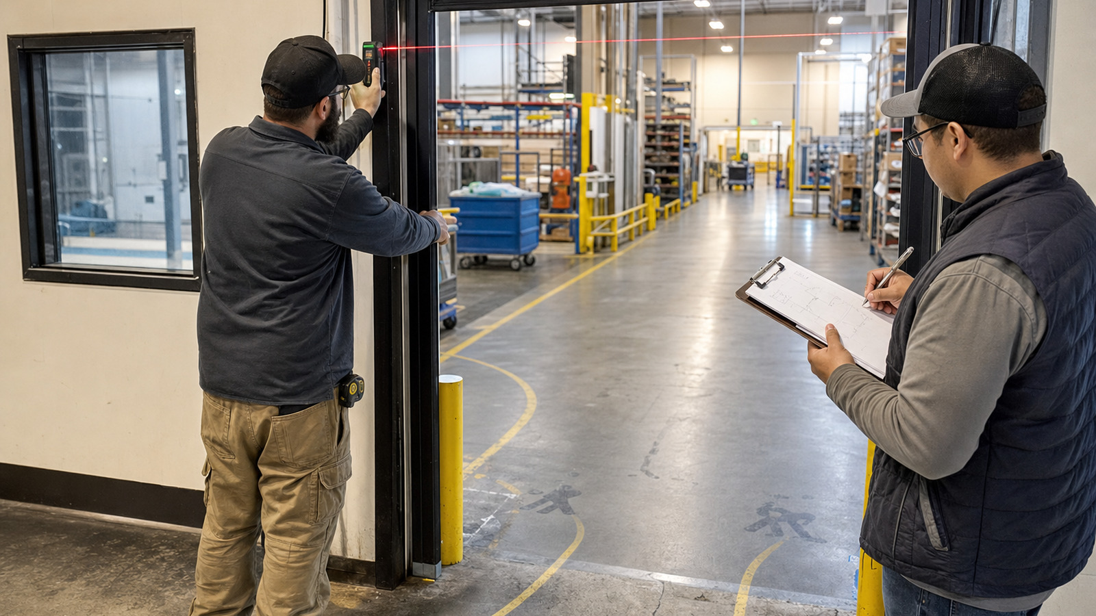Facility team measures doorway clearance and records route constraints during a robotics workflow assessment.