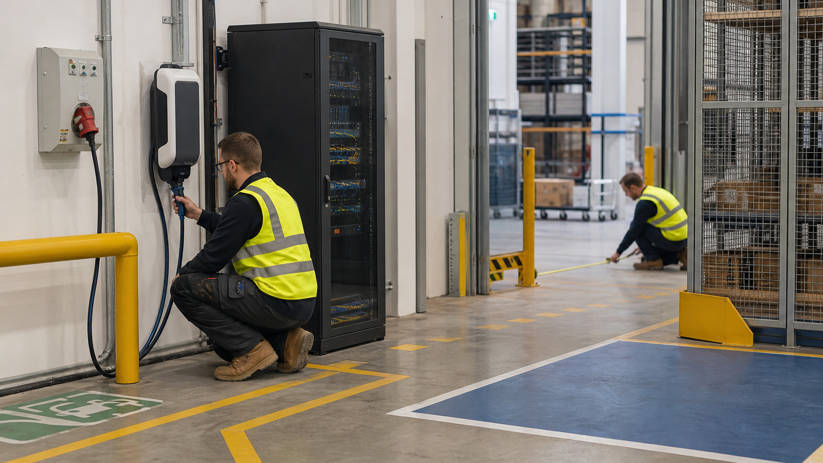 Commissioning team checks charging, network and recovery-space readiness in a warehouse deployment area.