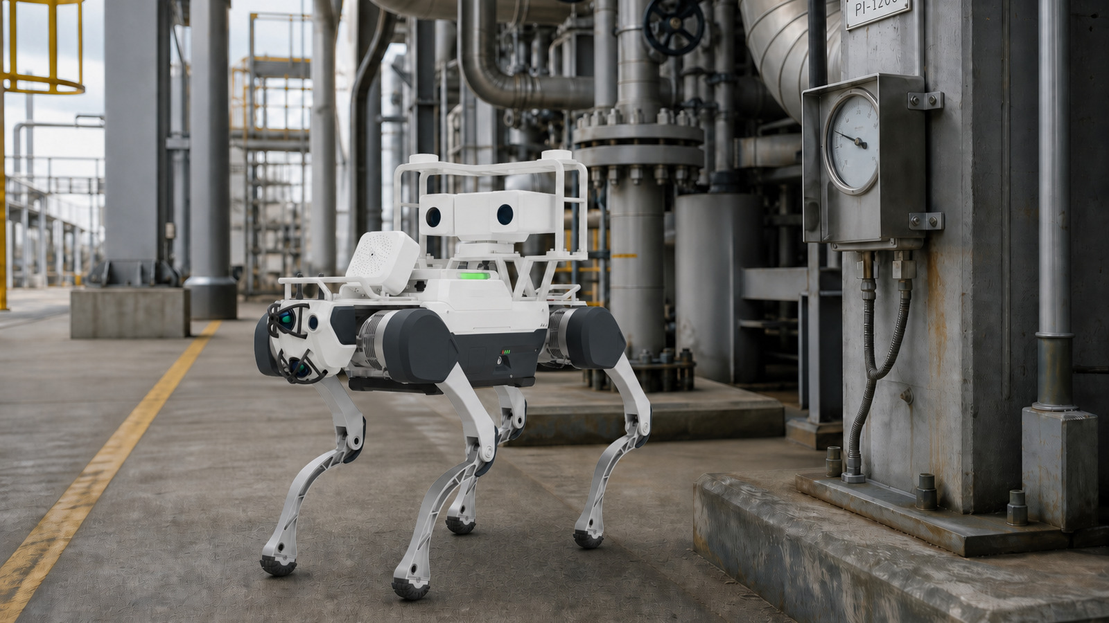 DEEP Robotics X30 industrial inspection robot approaching a gauge on a power-facility inspection route.