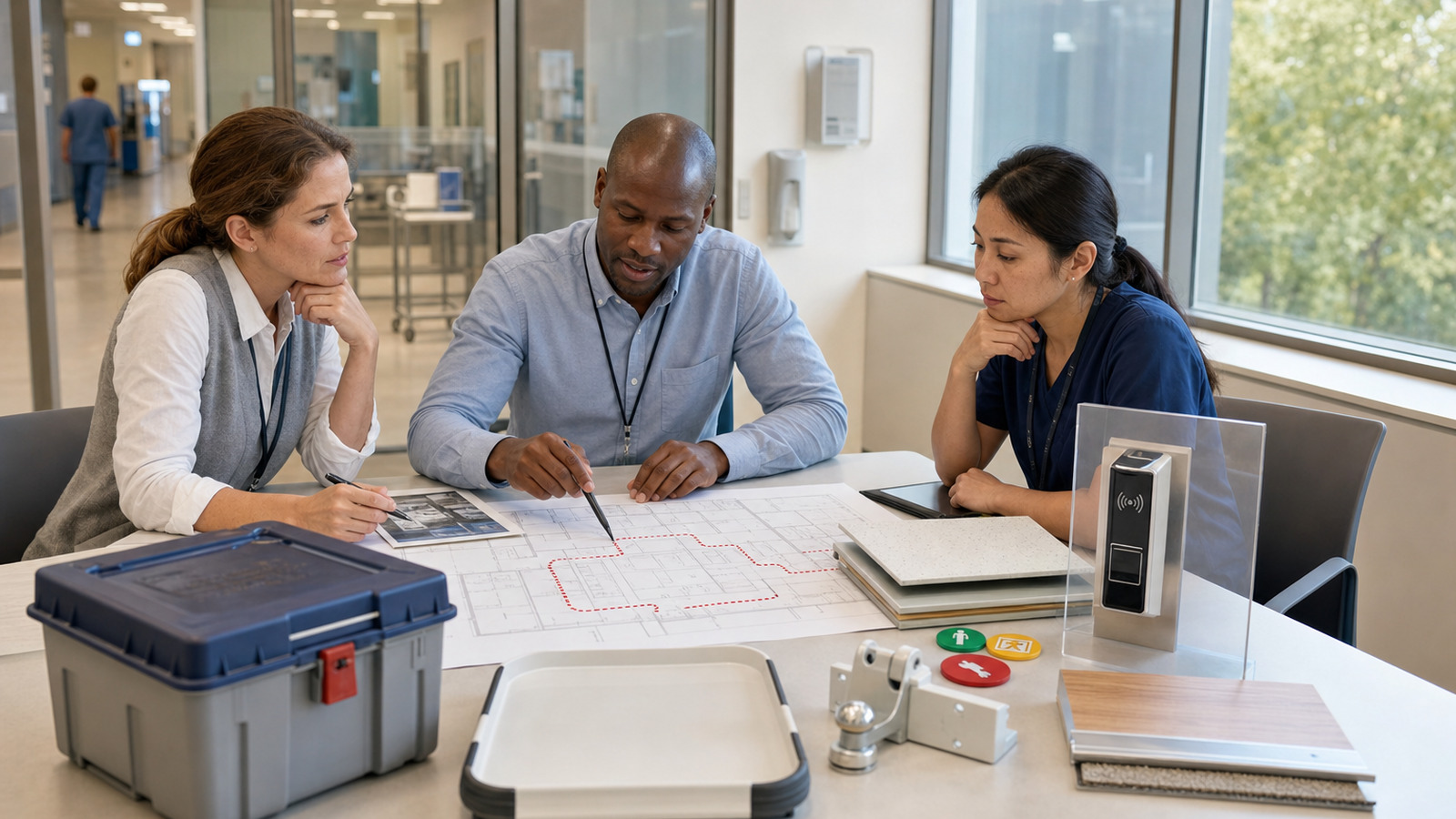 Hospital team compares route, access-control and payload requirements when evaluating AMR, AGV and service robot options.