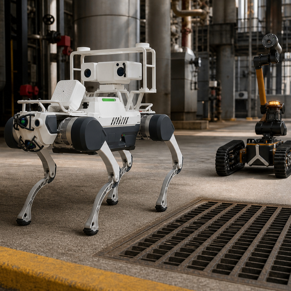 Quadruped and tracked wheeled inspection robots evaluate the same curb and floor-grate route in an industrial facility.