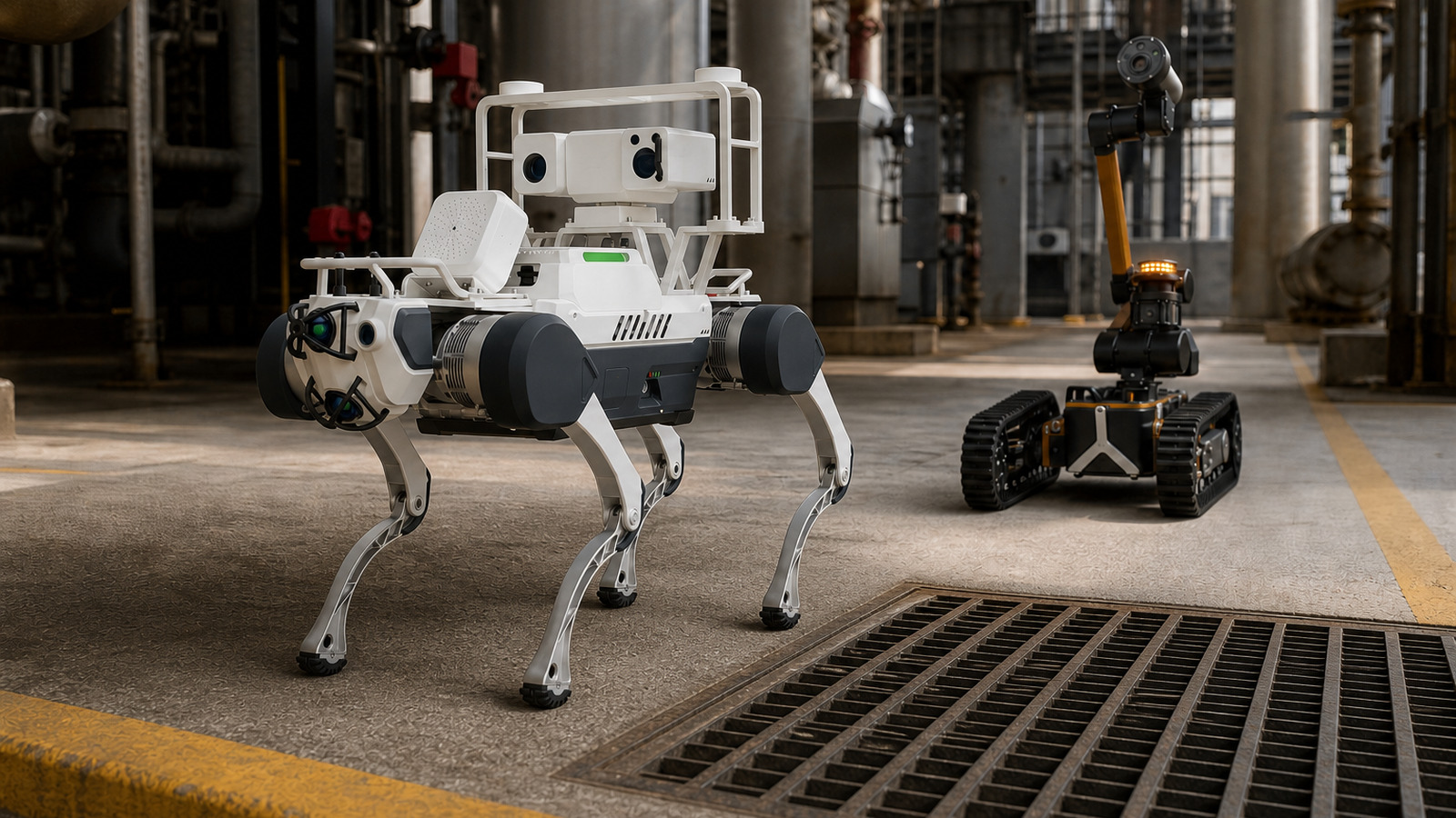 Quadruped and tracked wheeled inspection robots evaluate the same curb and floor-grate route in an industrial facility.