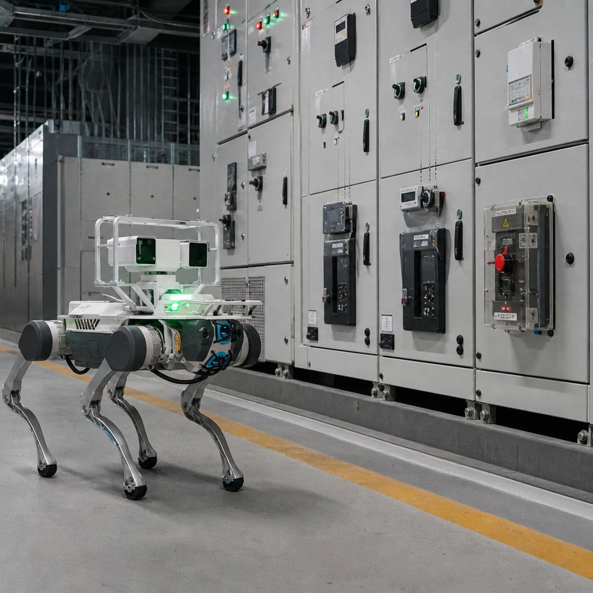 Quadruped inspection robot with a dual-camera payload facing electrical switchgear.