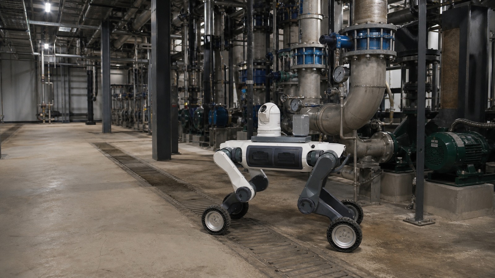 Wheeled quadruped robot using visual and acoustic sensors to inspect pipe joints in a process utility room.