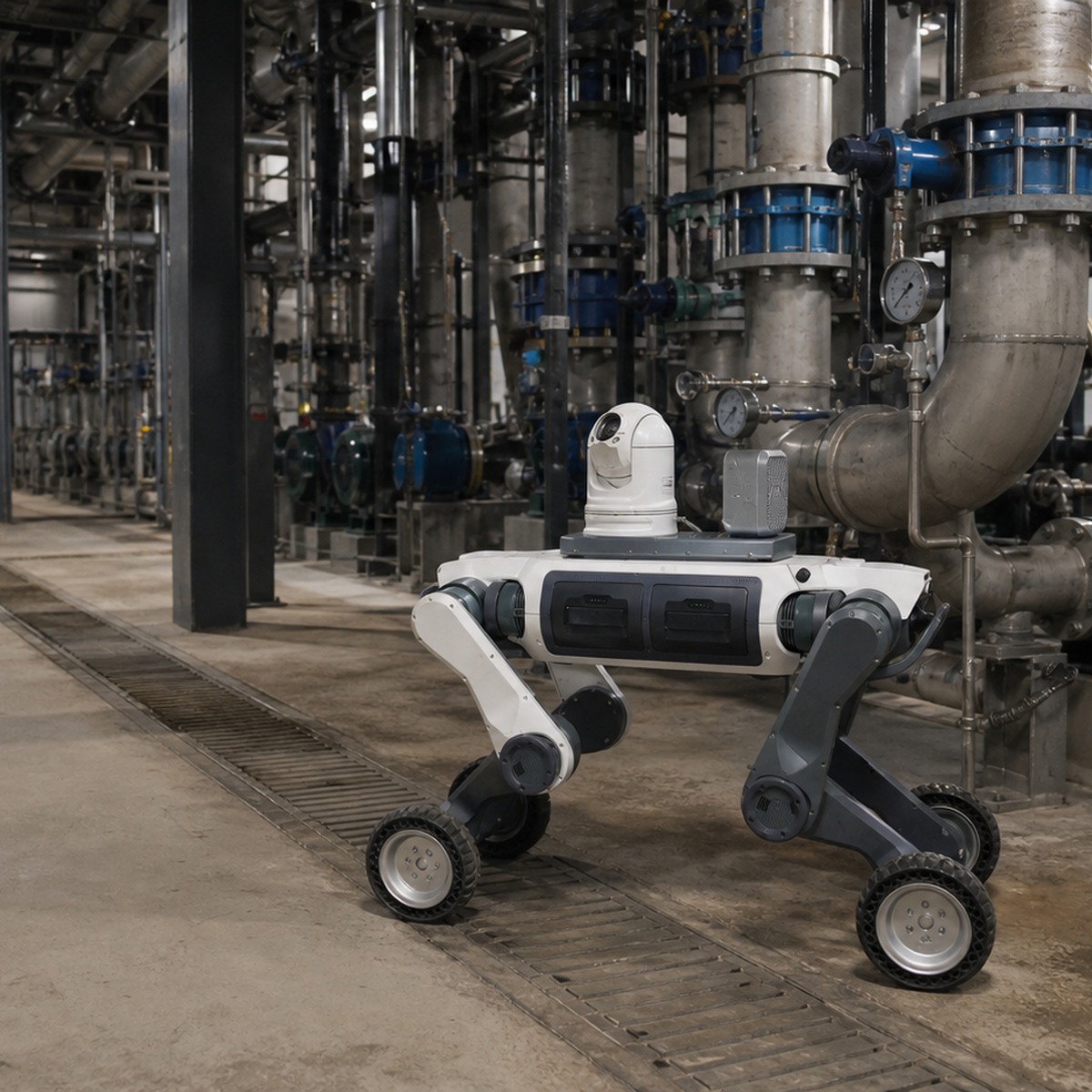 Wheeled quadruped robot using visual and acoustic sensors to inspect pipe joints in a process utility room.
