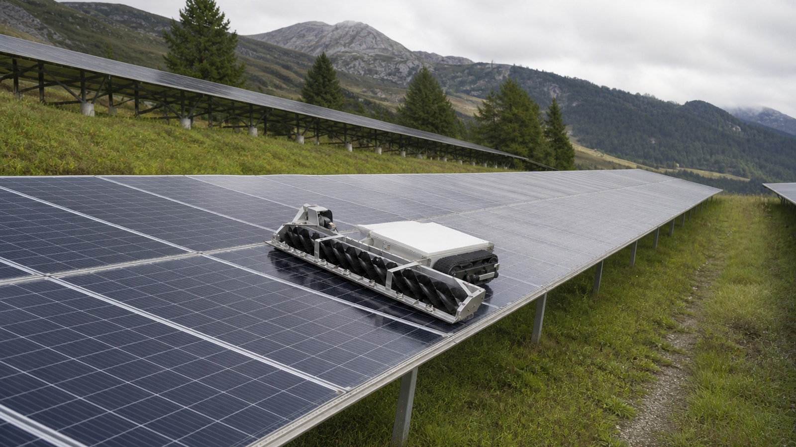 AI-generated wide illustration of a tracked solar panel cleaning robot operating on a hillside PV array in the Austrian alpine foothills.