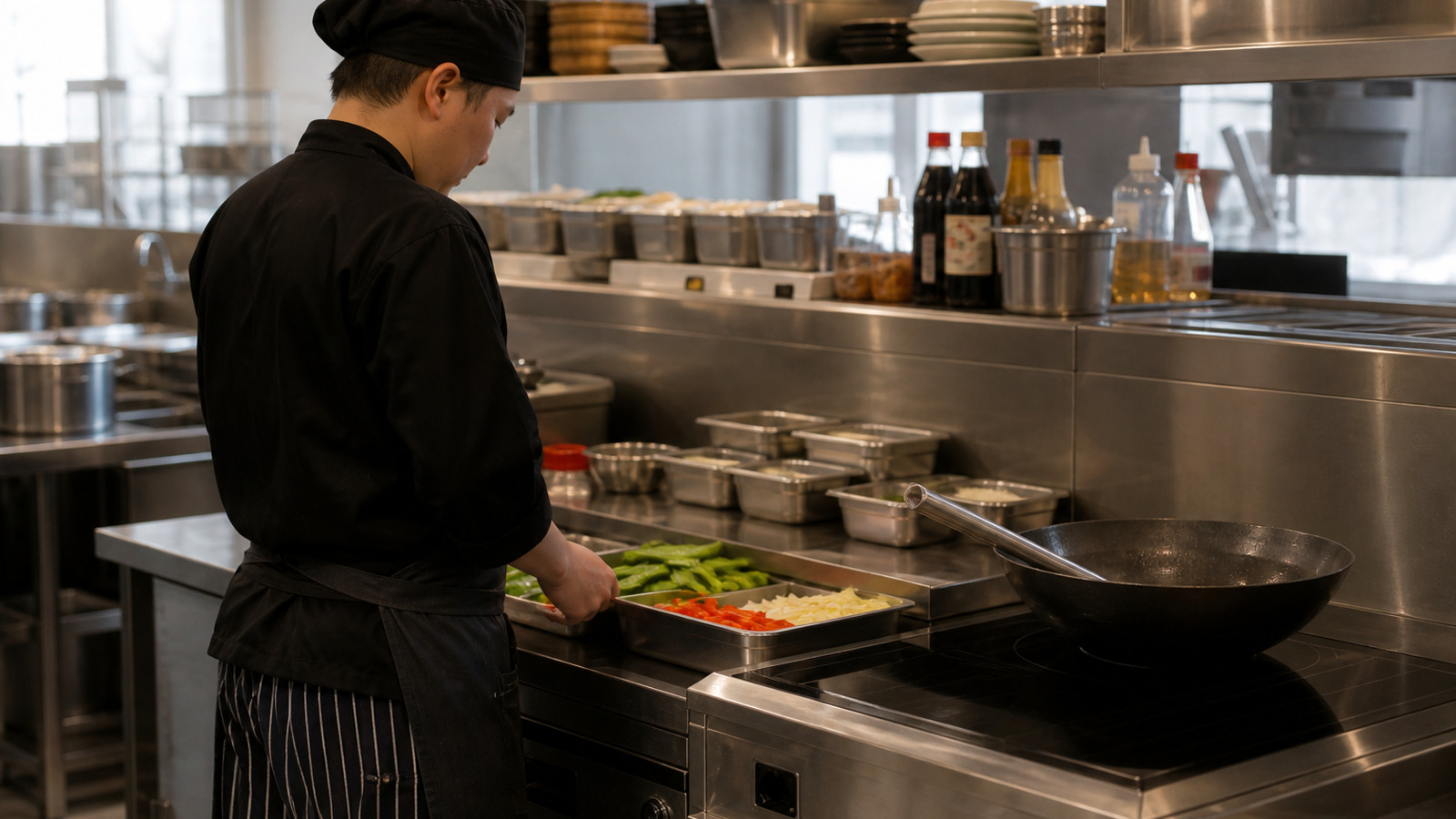 Chef preparing vegetables beside a wok-cooking station in a modern stainless-steel commercial kitchen.