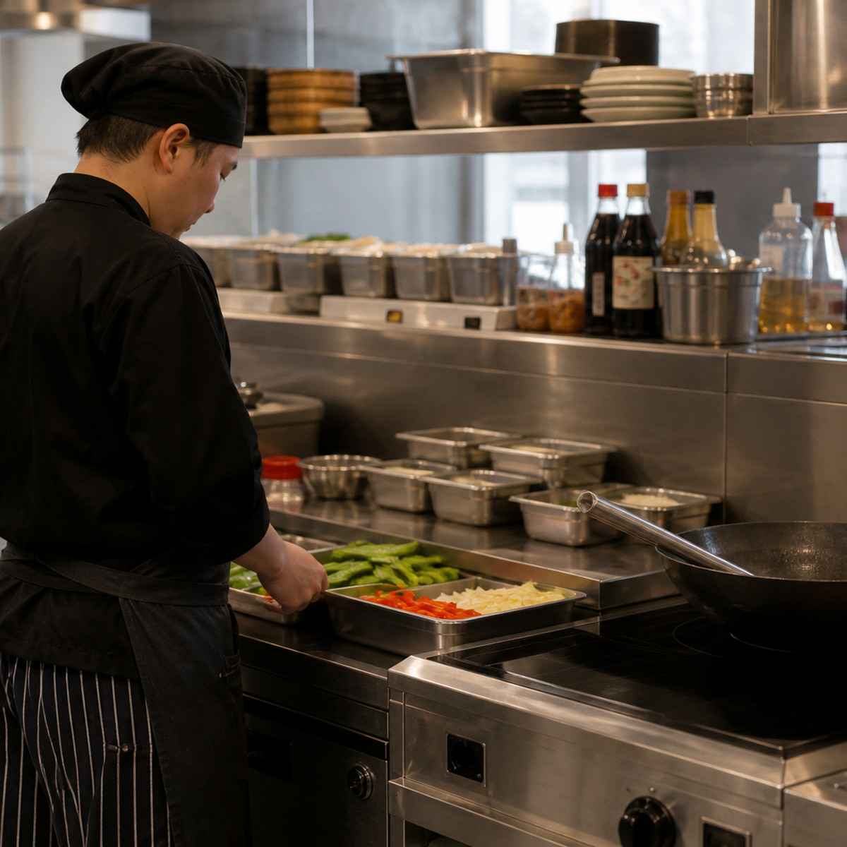 Chef checking prepared ingredients beside a commercial wok-cooking station in a stainless-steel kitchen.
