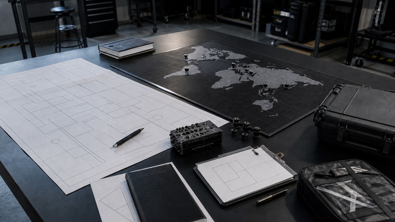 Technical plans, deployment equipment and a world map prepared for coordinated global operations.