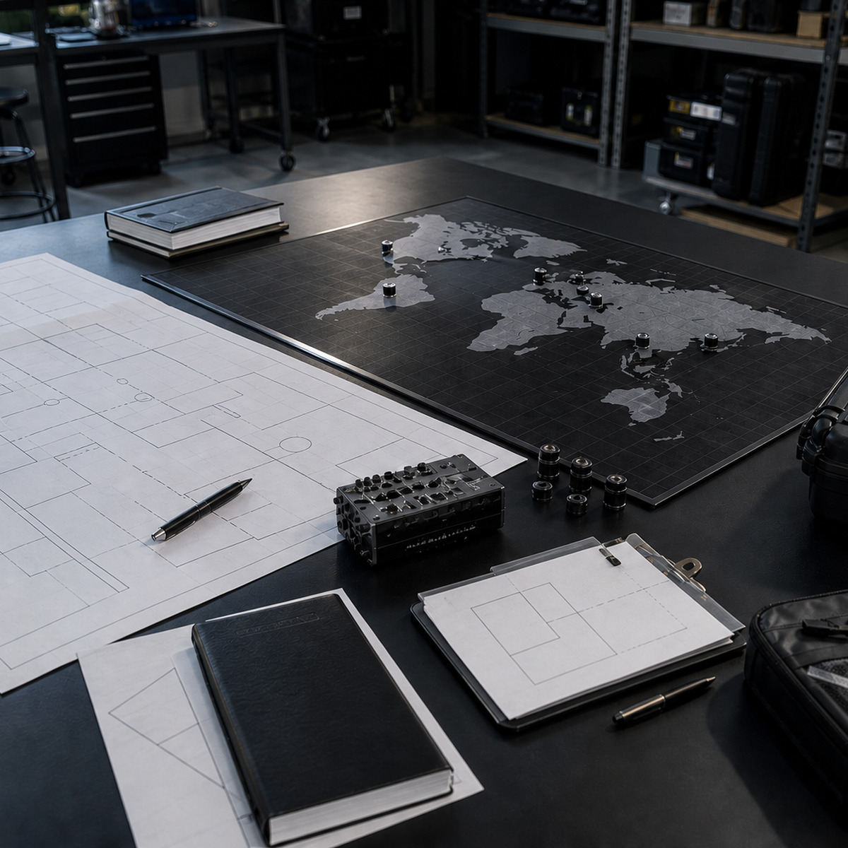 Global deployment map and technical planning materials arranged on an operations table.