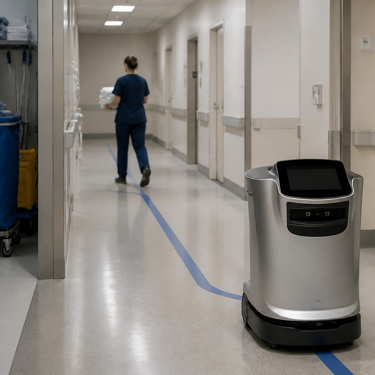 Referenced hospital delivery robot traveling beside an unobstructed exit route and recessed cleaning bay.