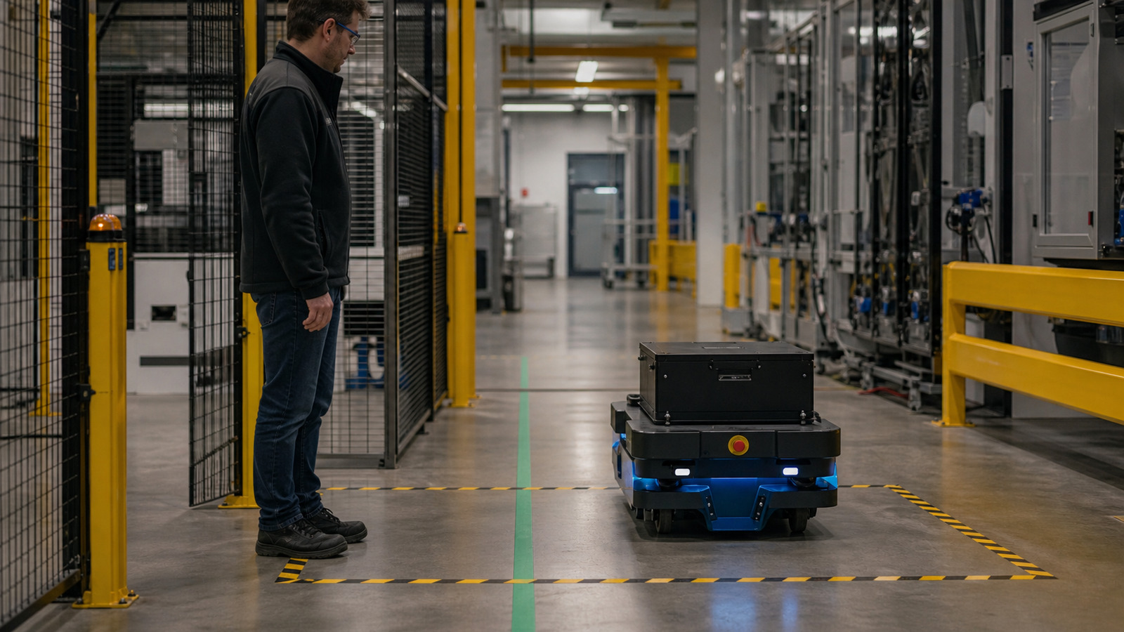 Referenced autonomous mobile robot running a marked pilot route while a deployment gate is reviewed.