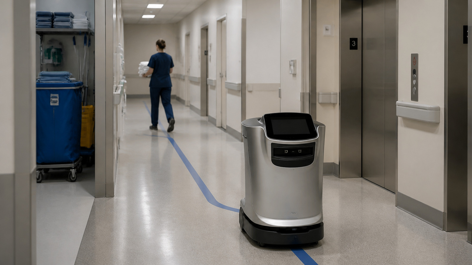 Referenced hospital delivery robot traveling beside an unobstructed exit route and recessed cleaning bay.