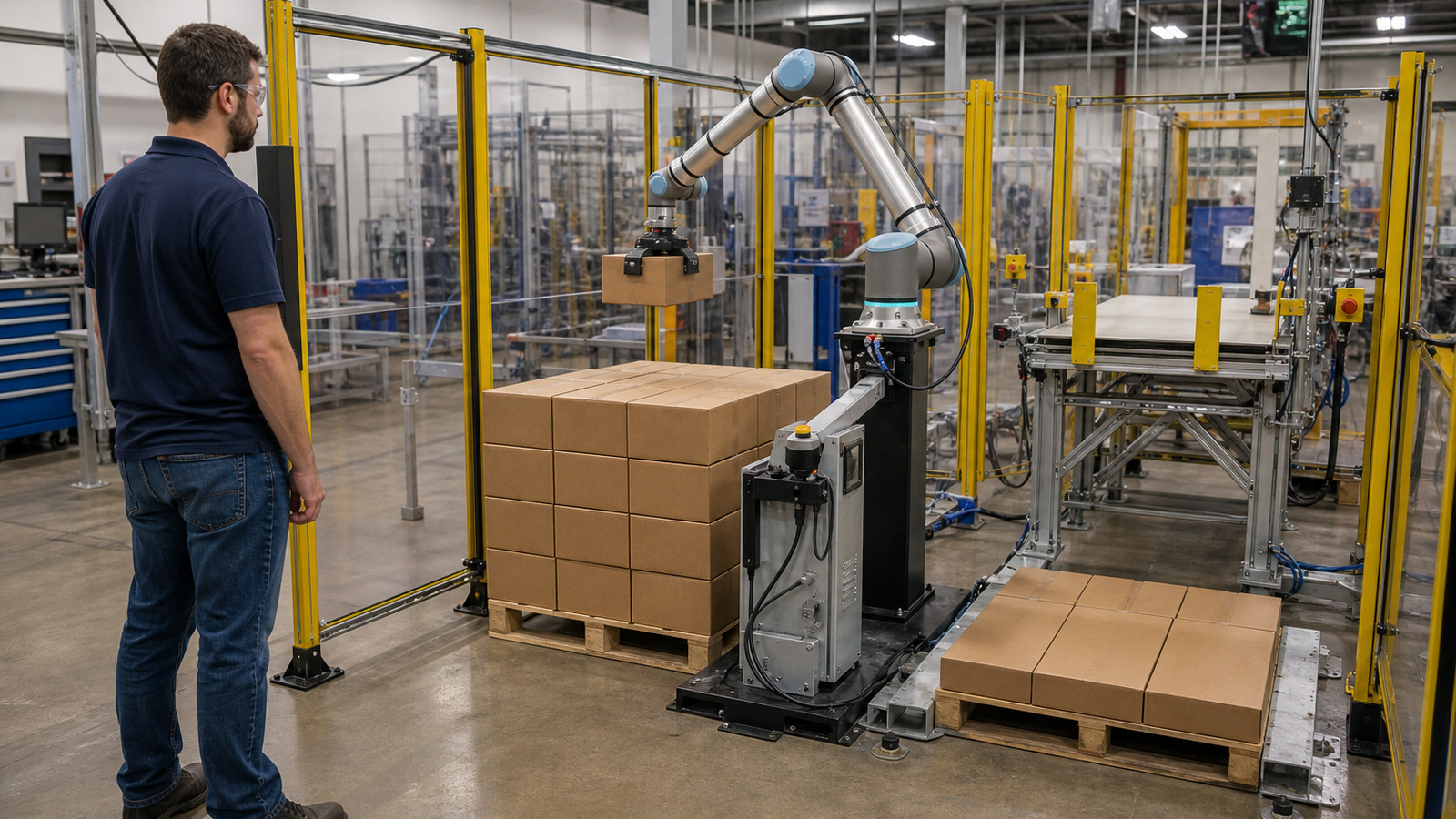 Referenced collaborative robot running a palletizing exercise inside a guarded partner training cell.