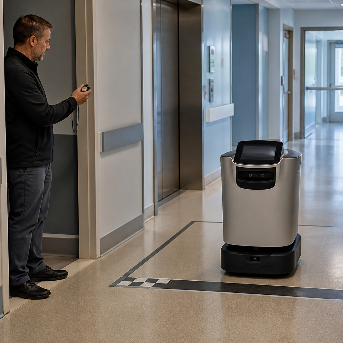 Referenced hospital delivery robot completing a timed pilot route while one observer records evidence.