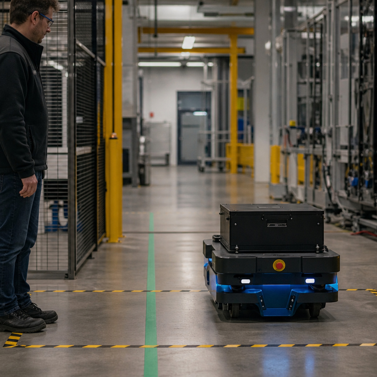 Referenced autonomous mobile robot running a marked pilot route while a deployment gate is reviewed.