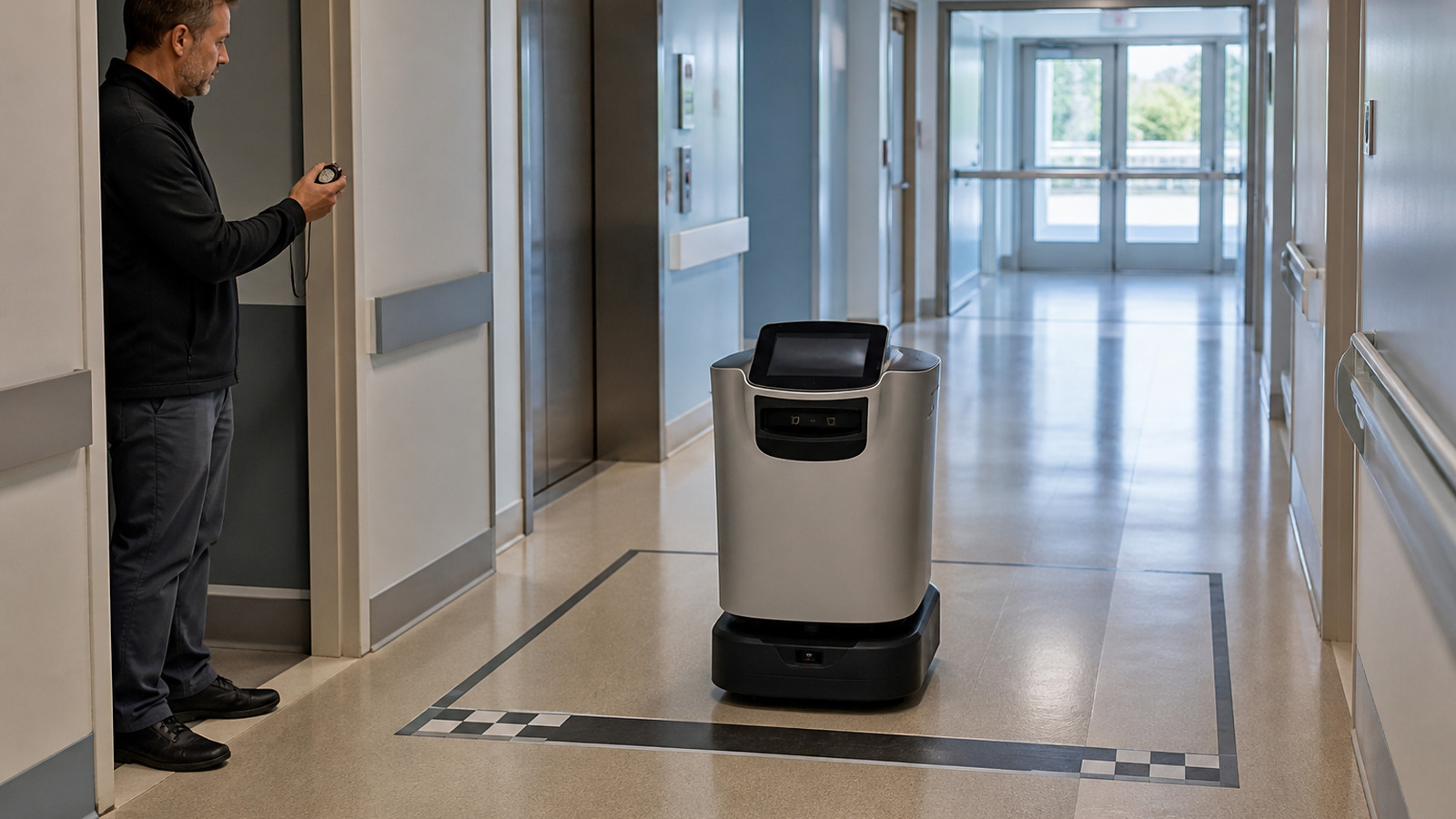 Referenced hospital delivery robot completing a timed pilot route while one observer records evidence.