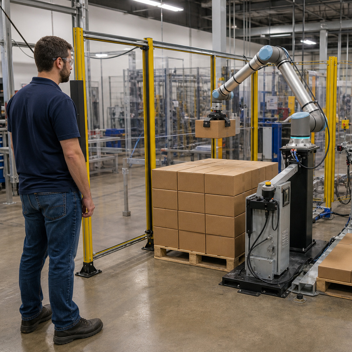 Referenced collaborative robot running a palletizing exercise inside a guarded partner training cell.