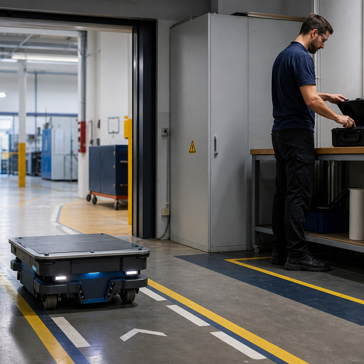 Referenced autonomous mobile robot leaving a marked service position after a readiness handoff.