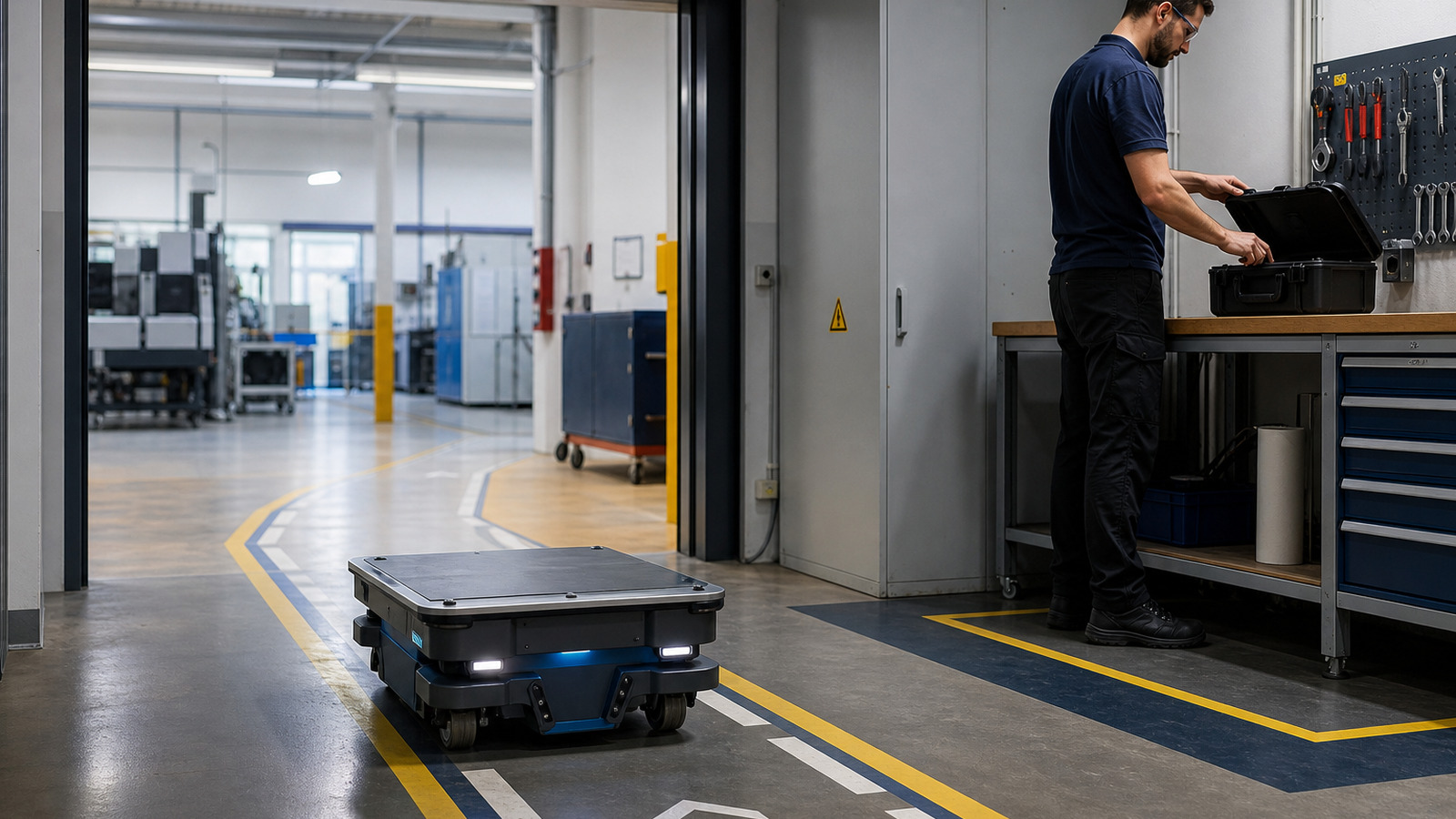 Referenced autonomous mobile robot leaving a marked service position after a readiness handoff.