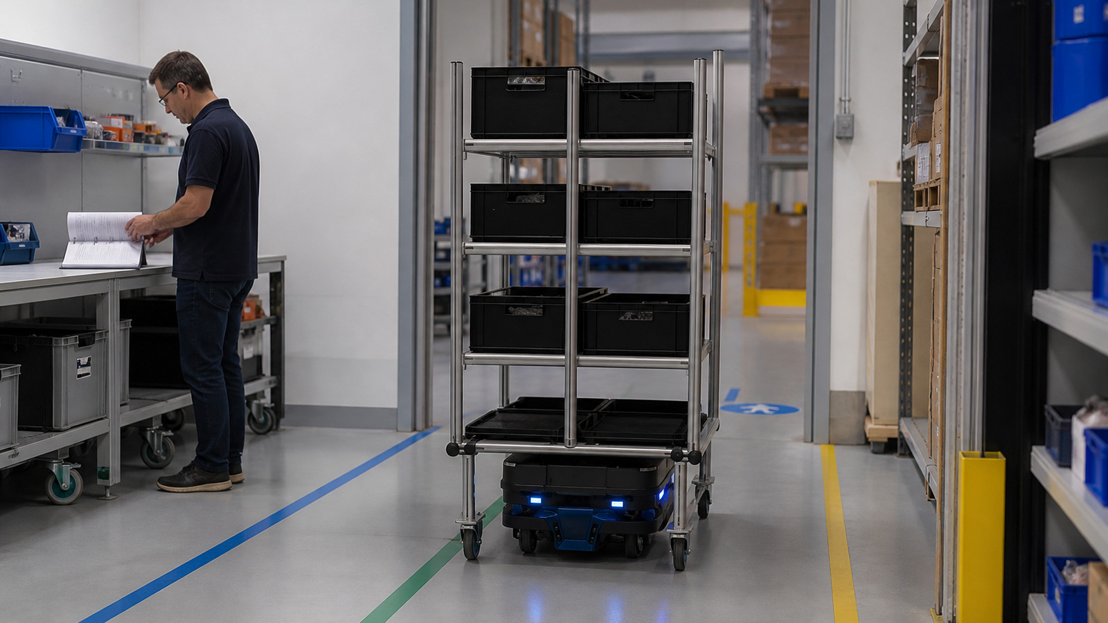 Referenced autonomous mobile robot carrying a shelf through a marked pilot route while a project owner reviews acceptance evidence nearby.