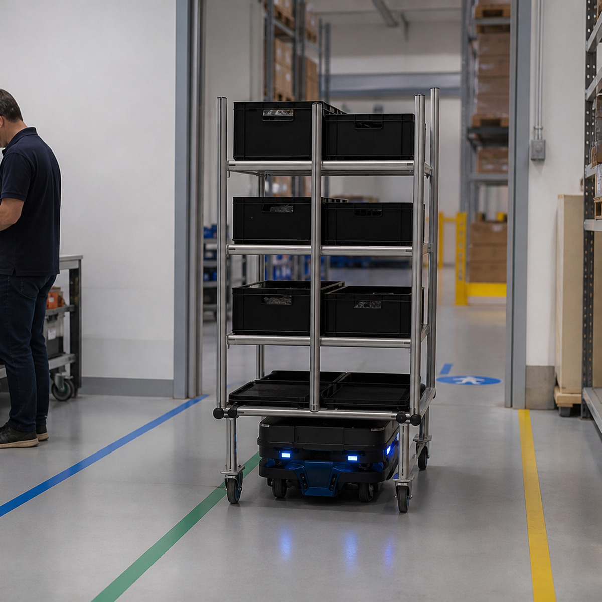 Referenced autonomous mobile robot carrying a shelf through a marked pilot route while a project owner reviews acceptance evidence nearby.