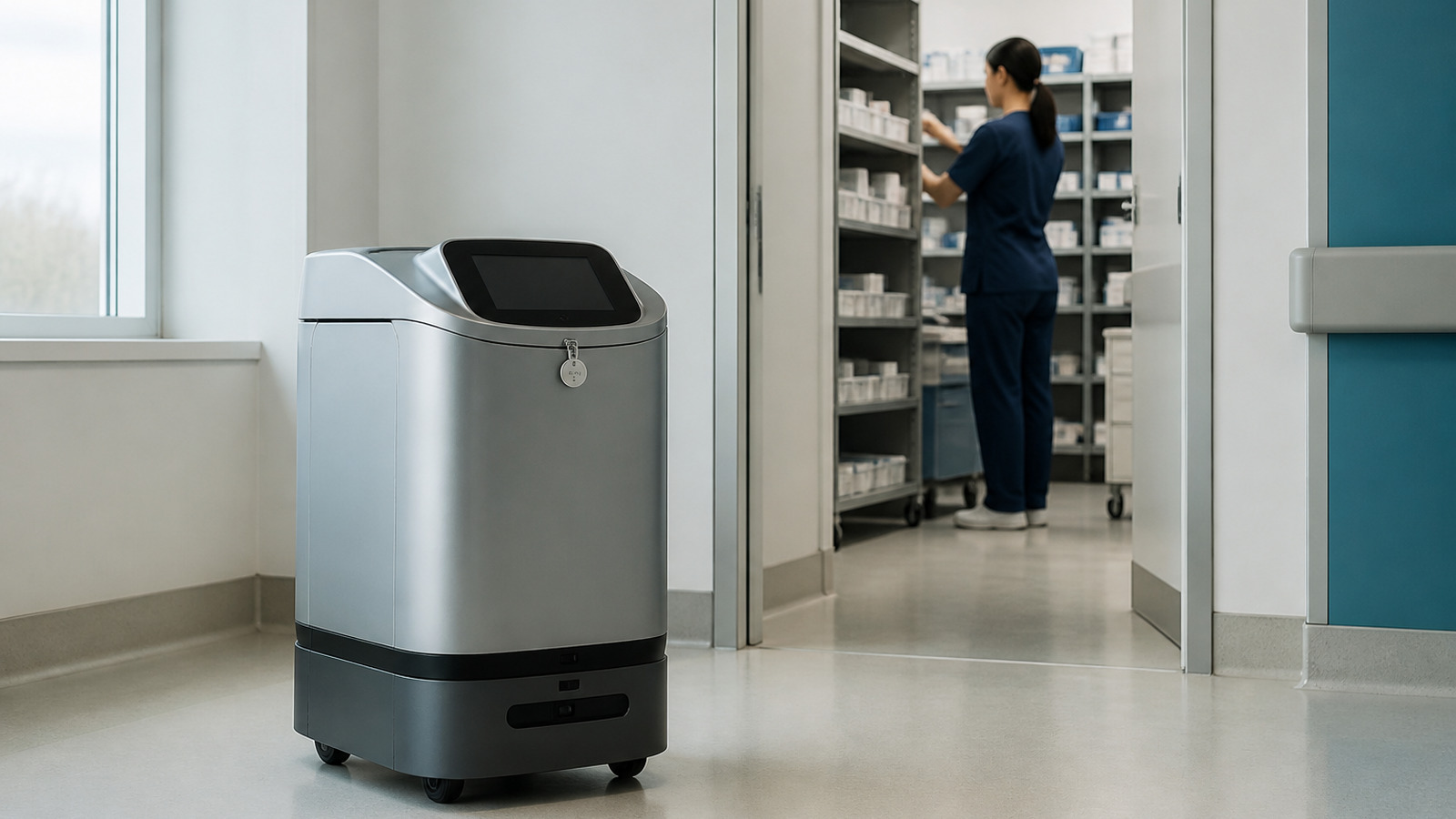 Secure hospital delivery robot outside a pharmacy service area while a pharmacy worker manages supplies.