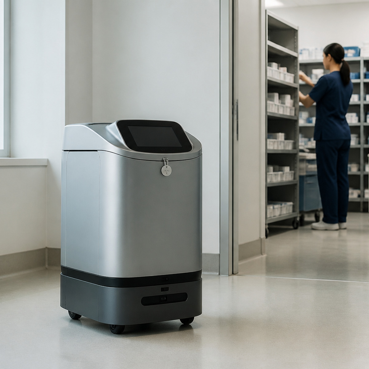 Secure hospital delivery robot outside a pharmacy service area while a pharmacy worker manages supplies.